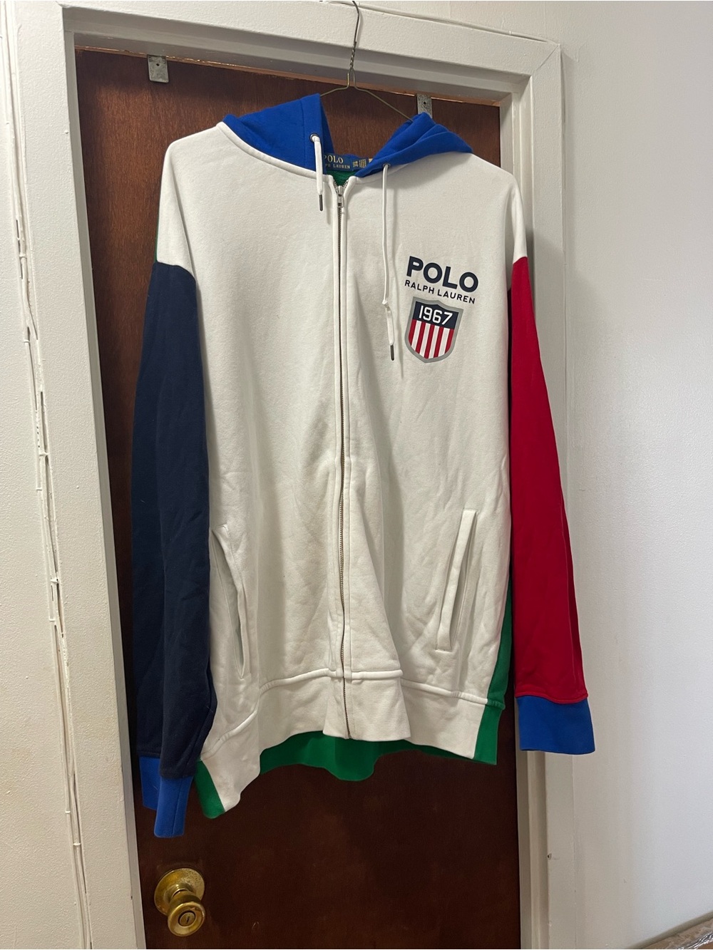 Polo Ralph Lauren White Colorblock Zip-Up Hoodie Navy & Red Sleeves crown logo